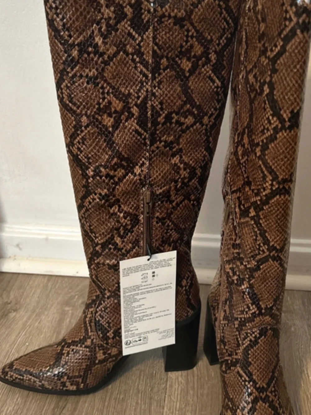 Brown Snake-Print Knee-High Boots - Women's Block Heel Fashion Boots